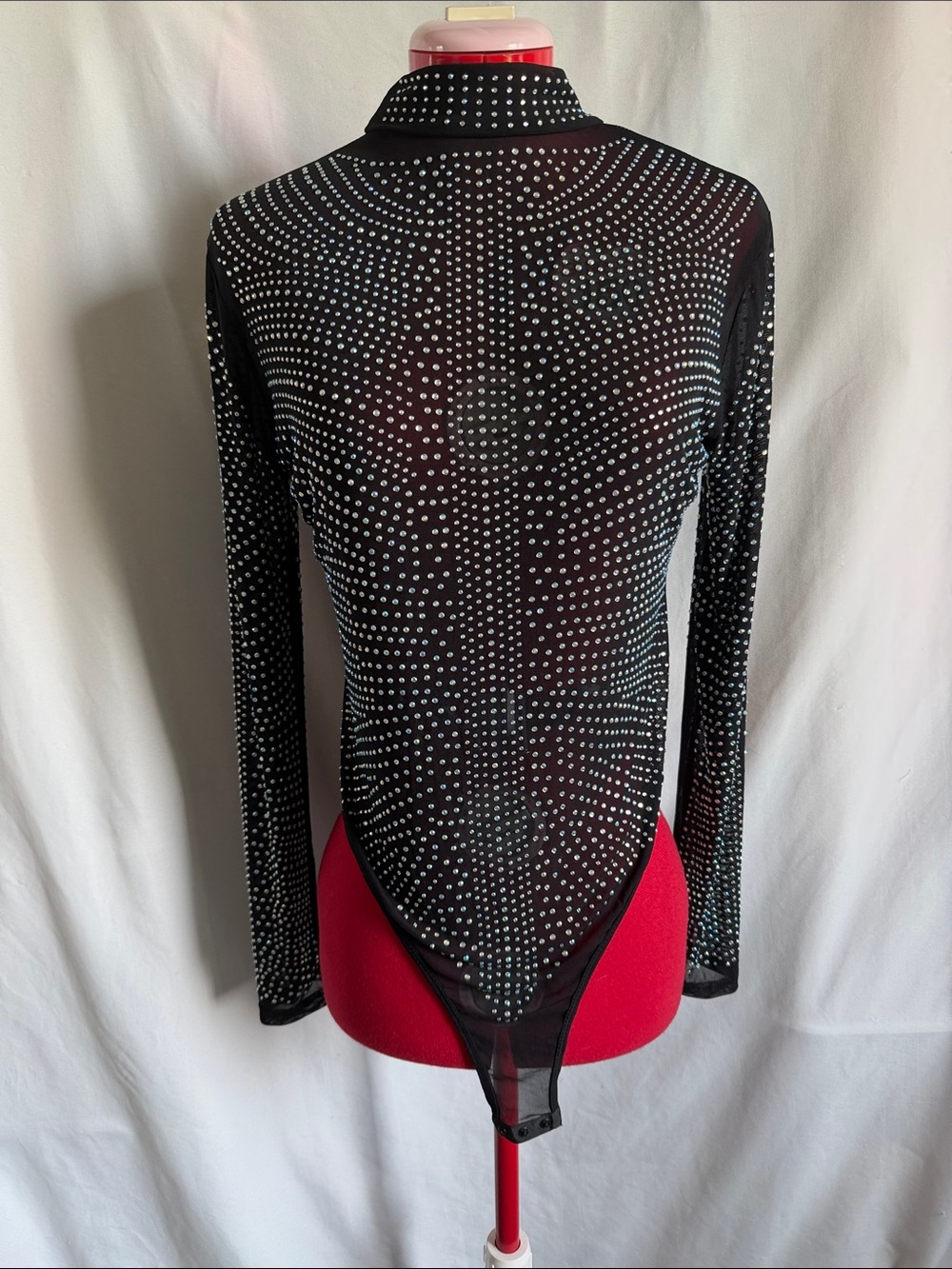 Embellished Black Sheer Rhinestone Long-Sleeve Bodysuit
